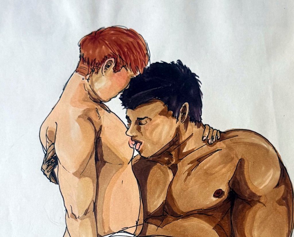 Colored marker drawing of a red-haired man and a dark-haired muscular man embracing