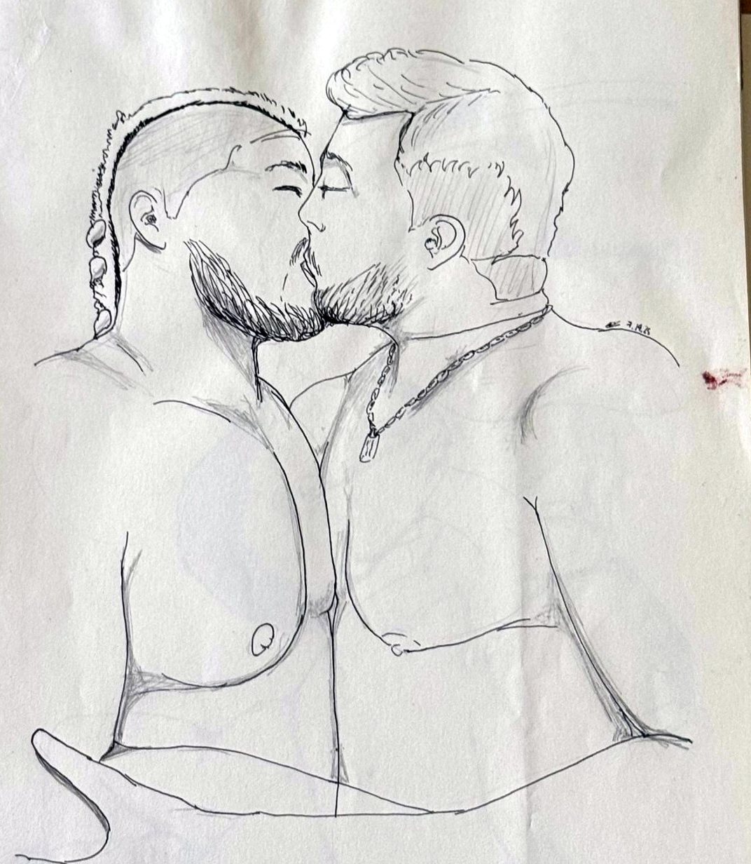 Pen drawing of two bearded men kissing