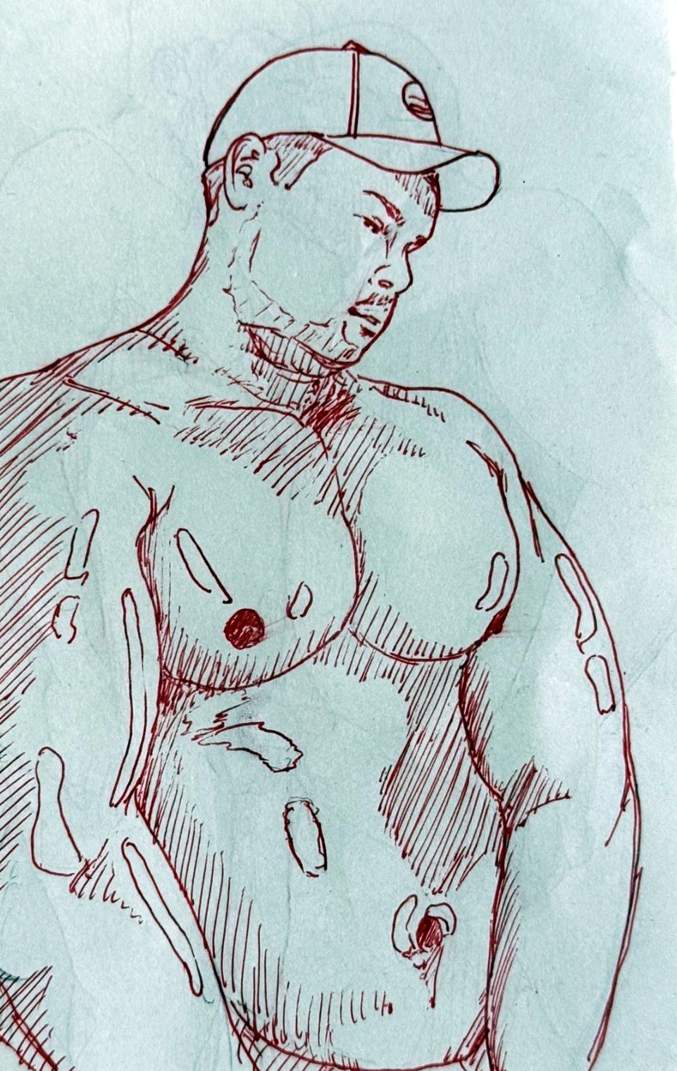 Red ink drawing of a heavyset man in a baseball cap, shirtless
