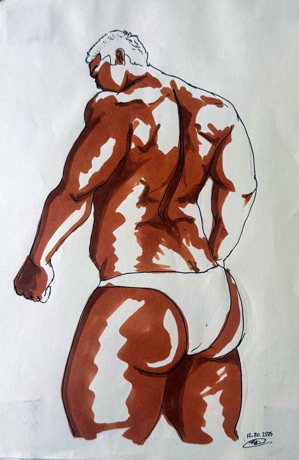 Marker drawing of a broad man from behind in white briefs, shaded in rust