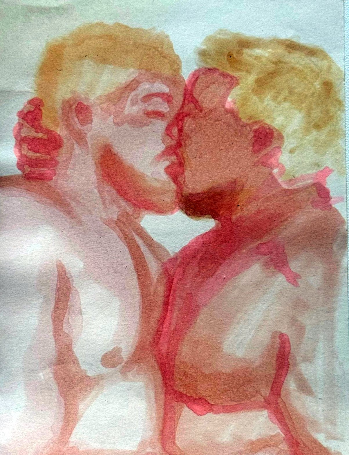 Pink and ochre watercolor of two men kissing